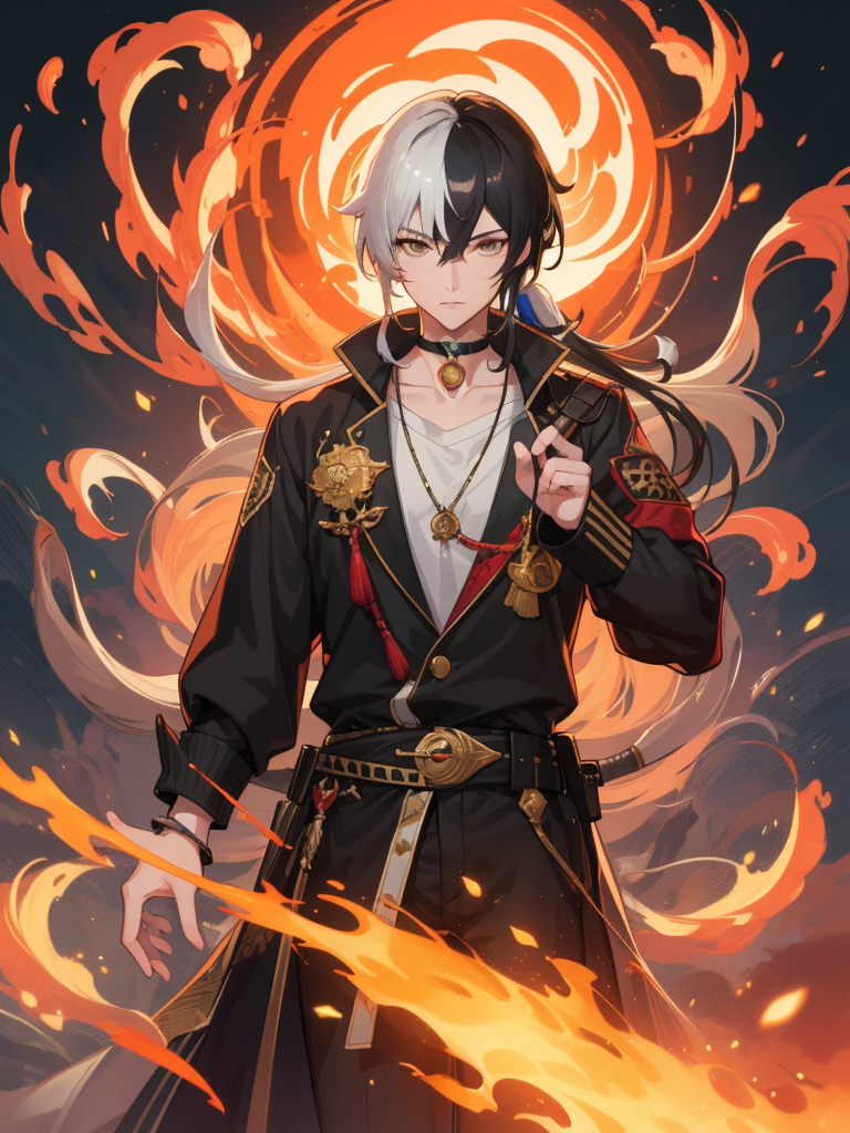 00983-2126916827-masterpiece, best quality,extremely detailed CG unity 8k wallpaper,1boy,longya,fire, burning, explosion, flame, sunset, embers,.png